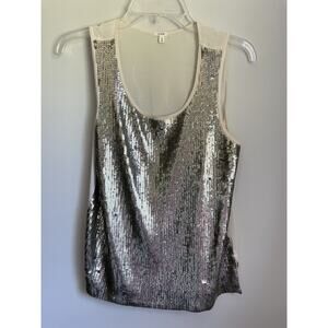 J Crew Sleeveless Silver Sequin Tank Top Size Small Scoop Neck Cotton Silk